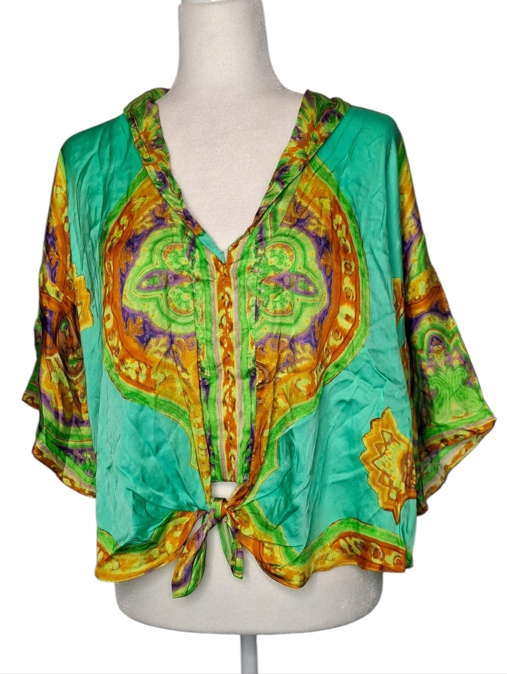 Zara Womens Multicolor Print Collared V-neck Top Lightweight Festival Size M